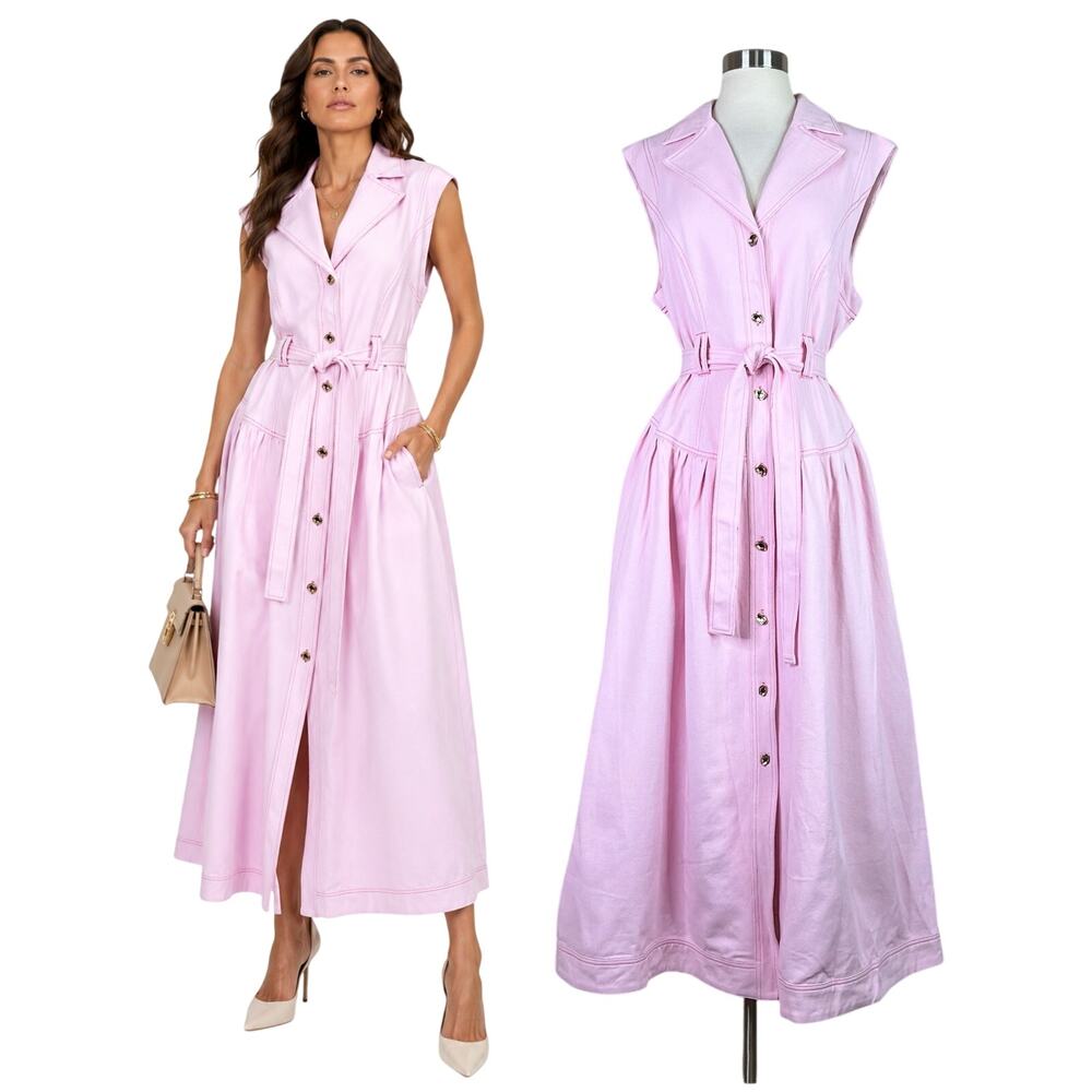 NEW Aleeza Paris | Pink Denim Sleeveless Button Front Belted Midi Dress Large L